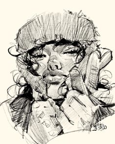 a drawing of a woman talking on the phone