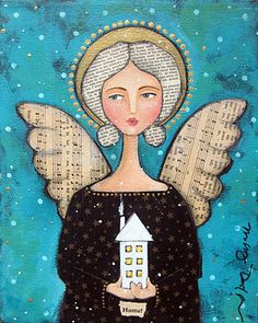 an angel holding a house in her hands on a blue background with stars and dots