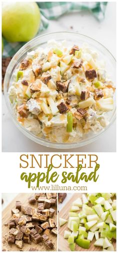 an apple salad in a glass bowl on top of a wooden cutting board with apples