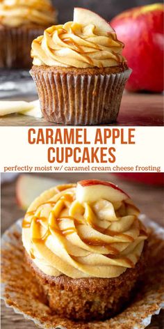 caramel apple cupcakes on a plate with apples in the background and text overlay that says caramel apple cupcakes