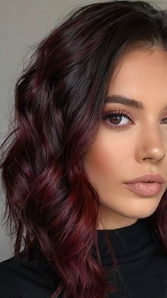 Fall Hair Colors Dark Espresso Straight Cut ☕ Dark Burgundy Ombre Hair, Dark Red Black Hair Color, Cool Summer Red Hair, Bright Fall Hair Color Ideas, Brunette Hair With Red Balayage, Deep Red Hair With Highlights, Red Partial Highlights For Dark Hair, Maple Balayage, Purple Peak A Boo Hair Brunette