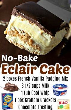 Indulge in the ultimate dessert experience with this scrumptious No-Bake Chocolate Eclair Cake Recipe! A heavenly blend of chocolatey goodness and creamy filling, this cake is perfect for all celebrations. Click the link now and bring joy to your life and those around you! 🍫🥰An easy dessert recipe that everyone will enjoy. Easy Icebox Cake, No Bake Eclair, Easy Eclairs, Banana Pudding Cookies