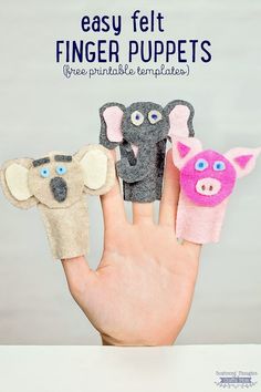 three finger puppets made to look like elephants, pigs and giraffes with text overlay that says easy felt finger puppets free printable templates