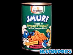 a can of smurf pasta in sauce with cheese flavor on a black background