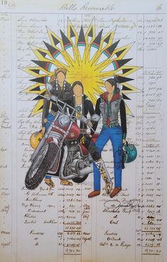 a drawing of two people standing next to a motorcycle