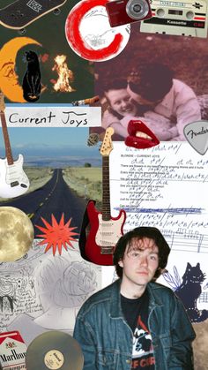 a collage of various items including a man with a hat, guitar and other things