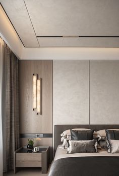 建E首发 | 招商蛇口 × 靳朝晖设计：冰城之首，演绎铿锵 Ceiling Design Modern Bedroom, Head Board Bed, Hotel Room Ceiling Design, Bedroom Hotel Design, Hotel Bedrooms, Bedroom Ceiling Design Modern, Headboard Wall Design, Headboard Design, Hotel Bedroom