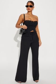 Available In Black/White. Pinstripe Pant Set Tube Top Strapless Lace Trim Button Closure Lined Wide Leg Pant Elastic Waistband Non Stretch 33" Inseam Top: Self 100% Polyester / Lining 100% Polyester Pants: Self 100% Polyester Imported | Jada Pinstripe Pant Set in Black/White size XL by Fashion Nova Pin Stripe Outfit, Stripped Pants Outfit, Pinstripe Women, Pinstripe Pants Outfit, 25th Bday, Top Strapless, Shoes Outfit Fashion, Pinstripe Pants, Shoes Outfit