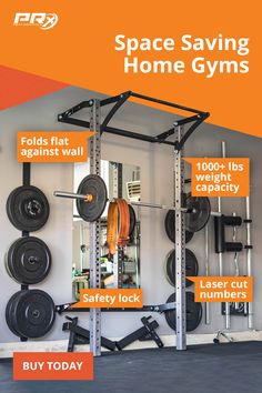 a home gym with the words space saving home gyms above it and an orange background