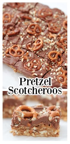 chocolate pretzel scooteros are stacked on top of each other with nuts