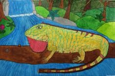 a drawing of a lizard with a cupcake in its mouth