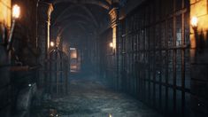 a dimly lit hallway in an old building with iron bars and lanterns hanging from the ceiling