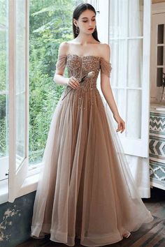 Stunning Champagne Tulle Long Party Dress Off Shoulder Tulle, Long Party Dress, Dress A Line, Mermaid Evening Dresses, Dress 16, Party Dress Long, Evening Party Dress, Long Prom Dress, Custom Dresses