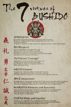 the seven virtues of bushido written in english and chinese on parchment paper with red ink