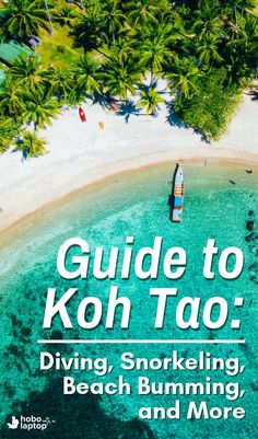 an aerial view of a beach with palm trees and boats in the water, text reads guide to koh tao diving, snorng, beach bumming, and more