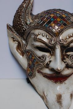 Full Face Devil Mask. Size: one size Original papier-mache Venetian mask, handmade and decorated with stucco and acrylics. This mask is very colorful. All our masks are handmade papier-machè masks made in Venice. Our decorators use techniques typical of the Venetian tradition such as stucco, acrylics, gold and silver-leaf, macramè, passementerie, pearls and crequelè to give you a wide range of masks. The mask could be slightly different because are all handmade and each mask is one of kind We sh Masquerade Mask Full Face, Devil Mask, Venetian Carnival Masks, Antique Porcelain Dolls, Mask Tattoo, Venetian Masks, Costume Masks, Venetian Mask, Steampunk Design