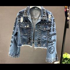 Listing Is A Gorgeous Denim Jacket With Custom Distressing, Grommet Work And Graffiti Looking Art. Sadly This Was Purchased For Me As A Christmas Gift And The Seller Had A Different Idea Of Plus Size And What A 3x Really Means So It Does Not Fit Me. I Have Included The Measurements That I Was Sent By The Seller, I Honestly Just Think A Language Barrier Was The Issue. Even Though It Says 3x It Really Would Probably Fit A 1x The Best. This Was Never Worn And Comes From A Pet Friendly Environment. Punk Jeans, Jacket Coat Fashion, Mode Mantel, Diy Denim Jacket, Denim Jacket Patches, Crop Jean Jacket, Denim Diy, Cropped Denim Jacket, Denim Coat Jacket