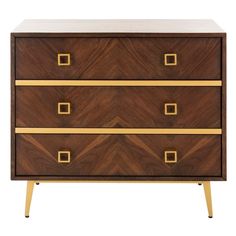 a wooden dresser with gold handles and drawers