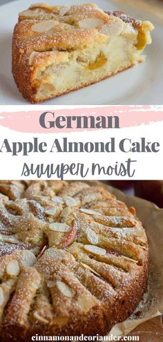 an apple cake with powdered sugar on top and the words, german apple almond cake