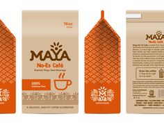 the packaging design for maya coffee is shown in three different colors and sizes, including orange