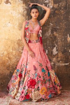 Varun Bahl | Light Pink Corsage Lehenga Gilet Set | INDIASPOPUP.COM Printed Lehenga, Raw Silk Lehenga, Floral Lehenga, Green Lehenga, Hot Pink Floral, Pink Trousers, 3d Hand