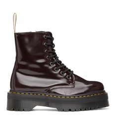 Calf-high buffed faux-leather boots in burgundy. Round toe. Eight-eye lace-up closure in black. Logo webbing pull-loop in beige and yellow at heel collar. Zip closure at inner side. Tonal textile lining. Signature yellow stitching at welt. Signature treaded Air Cushion rubber sole in black. Tonal and gunmetal-tone hardware. Approx. 2 platform.Supplier color: Cherry red Burgundy Doc Martens, Dr Martens Burgundy, Maroon Boots, College Room, Faux Leather Boots, Black Logo, Platform Boots, Cherry Red, Dr. Martens Boots