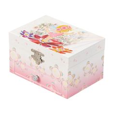 a pink and white box with flowers on it