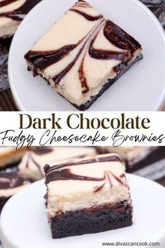 chocolate cheesecake brownies with white frosting on top and dark chocolate in the middle