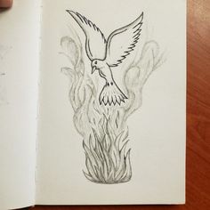 a drawing of a bird flying over fire