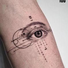 an eye with lines and dots around it on the thigh, as well as some circles