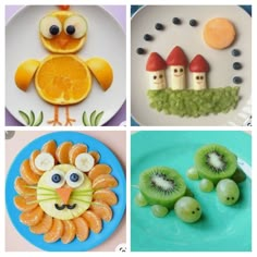 four different pictures with fruits and vegetables in the shape of birds, oranges, kiwis, and mushrooms