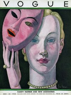 a magazine cover with a woman holding a pink mask on her face and another woman's head