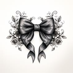 an artistic bow with flowers and vines on the side, drawn by hand in black ink