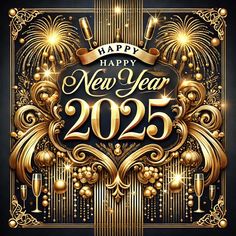 happy new year card with golden decorations