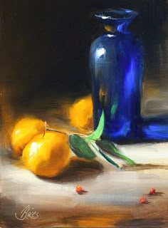 a painting of lemons and a blue vase