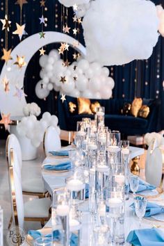 the table is set with white and blue decorations