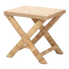 a small wicker stool with an x design on the seat and backrests