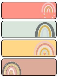 four different colored banners with hearts and rainbows on them, all in pastel colors