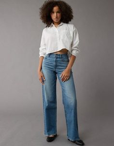 A loose, straight leg with extra length to stack at the ankle, in a super high rise. Made for curves with extra room in the hip & thigh. White Jeans Men, Athletic Fit Jeans, Jean Trends, Curvy Jeans, Loose Jeans, Medium Wash Jeans, Women Denim Jeans, Shoes With Jeans, Cool Stuff