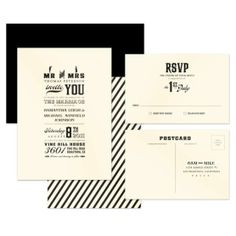 the wedding stationery is shown with black and white stripes on it's envelope