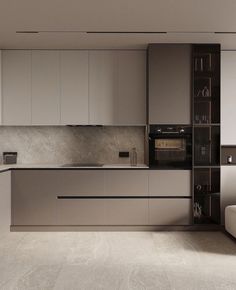 a modern kitchen with white and grey cabinets