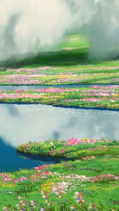 a painting of flowers and clouds in the sky over a body of water with green grass