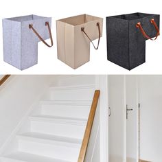 three different types of storage boxes on the stairs