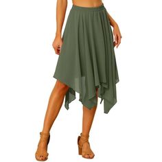 The layers on the skirt are very flattering for multiple body types. This is a great skirt to wear for multiple occasions. A showy row of side buttons and a flouncy hem bring a stylish atmosphere to this endlessly wearable skirt. This elastic-waist midi skirt releases into a handkerchief hem that flashes a glimpse of leg with every step. Perfect for your next backyard barbecue, this work-to-weekend midi skirt is patterned in slim stripes and fitted with an easygoing elastic waist. A handkerchief hem flips and flows as you stride in this soft, drapery skirt with a shaping waistband. Measurement (in inches) International Size----------Waist Girth XS-----------------------------------24 3/4 S-------------------------------------26 3/4 M------------------------------------28 3/4 L------------- Flare Midi Skirt, Midi Flare Skirt, Midi Denim, Backyard Barbecue, Handkerchief Hem, Green Outfit, Denim Midi Skirt, Army Green, Body Types