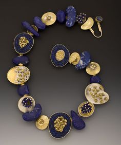 Jeff and Susan Wise : 'Aztec Lilly Pads', carved lapis beads, sterling, 18K… Colbolt Blue, Large Necklace, Art Jewelry Contemporary, Crafted Jewelry, Contemporary Jewellery, Contemporary Jewelry, Blue And Gold, Polymer Clay Jewelry