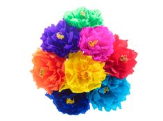 a bunch of colorful paper flowers on a white background