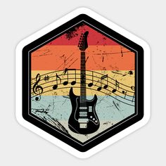 an electric guitar with musical notes on the strings in a hexagonal shape sticker