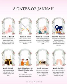 the 8 gates of jannah in english and arabic, with an image of people standing around