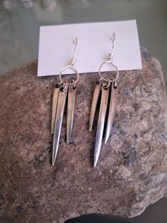 "Sterling silver chandelier style earrings handmade from vintage fork tines.  Simplistic and classic style. Earring length: 2 1/2\" Handmade ear wire length: 1\" Earring width: 1/2\"" Fork Earrings, Silverware Earrings, Spear Earrings, Spoon Earrings, Stamping Metal, Fluffy Cow, Silver Spoon Jewelry, Fork Art, Silverware Crafts