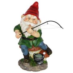 a garden gnome sitting on top of a mushroom with a fishing rod in his hand